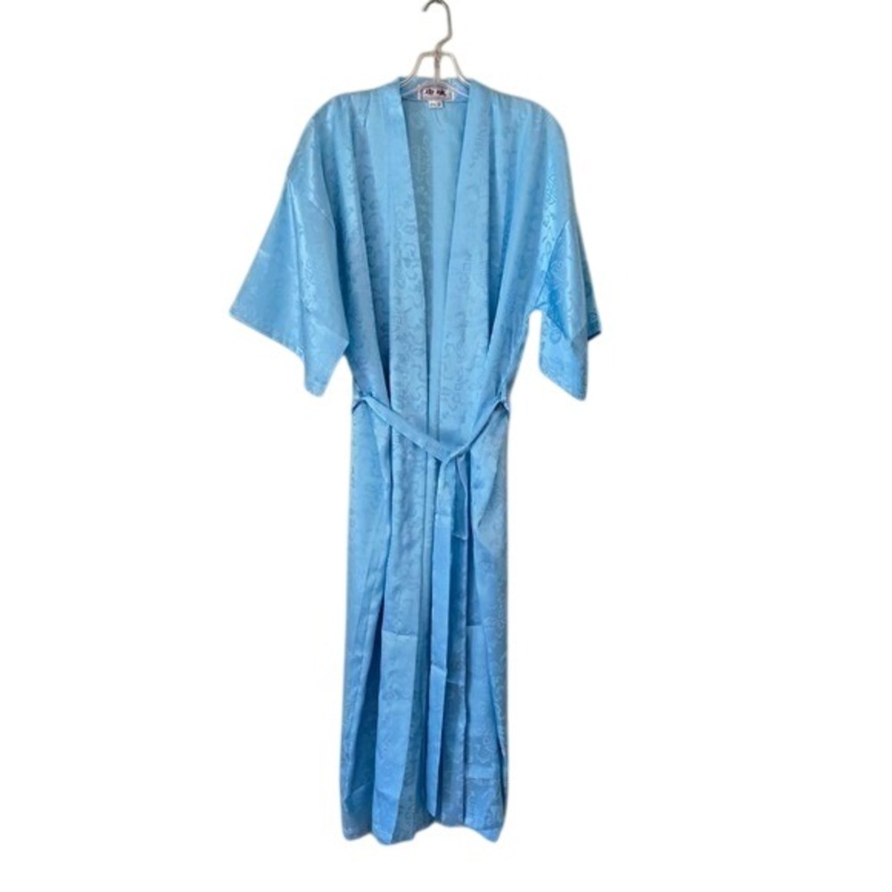 Eastern‎ Collection Silk  Light Blue Satin Kimono Robe Long Belted Pockets